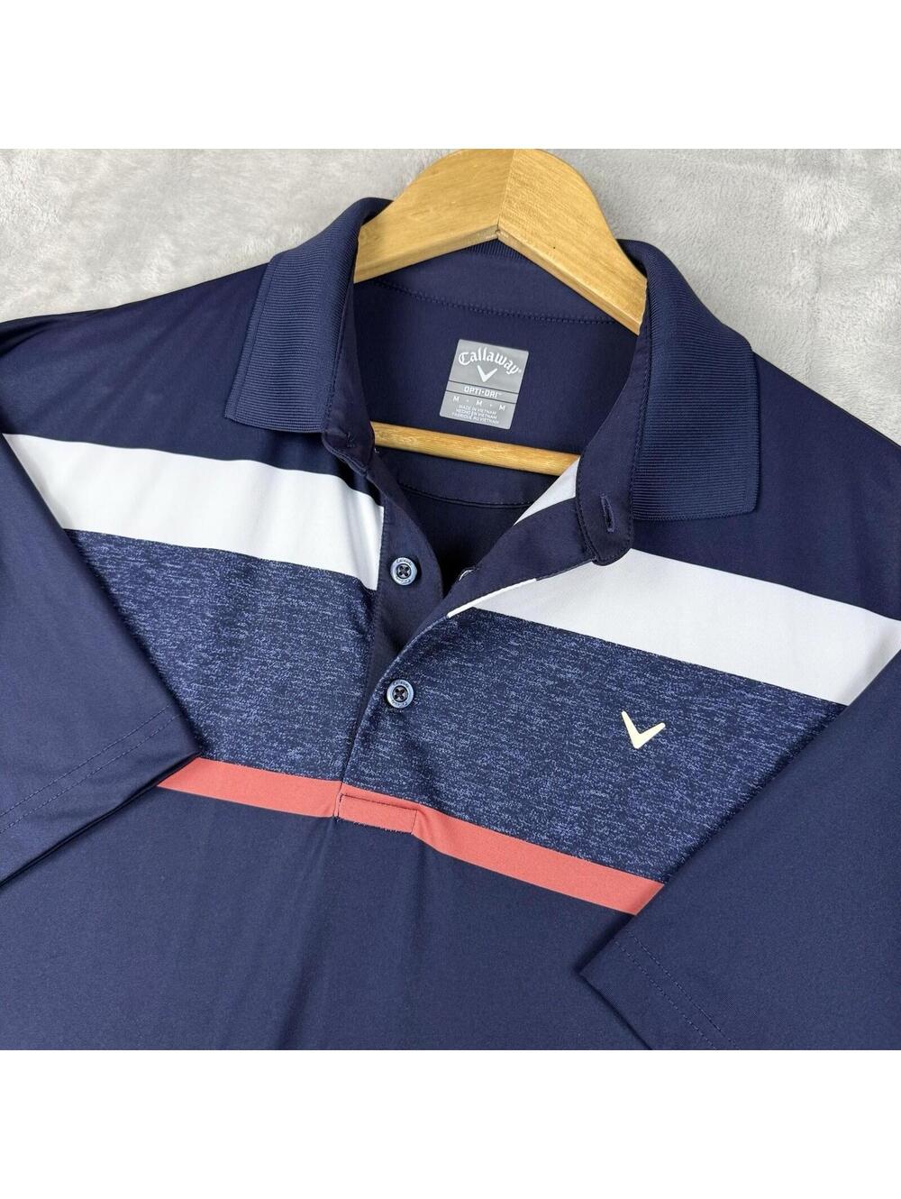 Callaway Golf Polo Shirt Navy Striped Opti Dri Performance Size M Mens Athletic